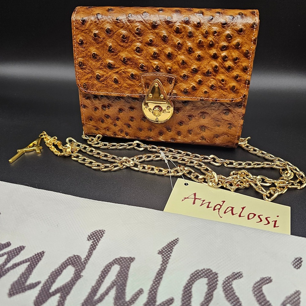 Andalossi Ostrich Embossed Leather Crossbody Flap Chain Shoulder Bag‎ Gold Tan - Picture 13 of 16